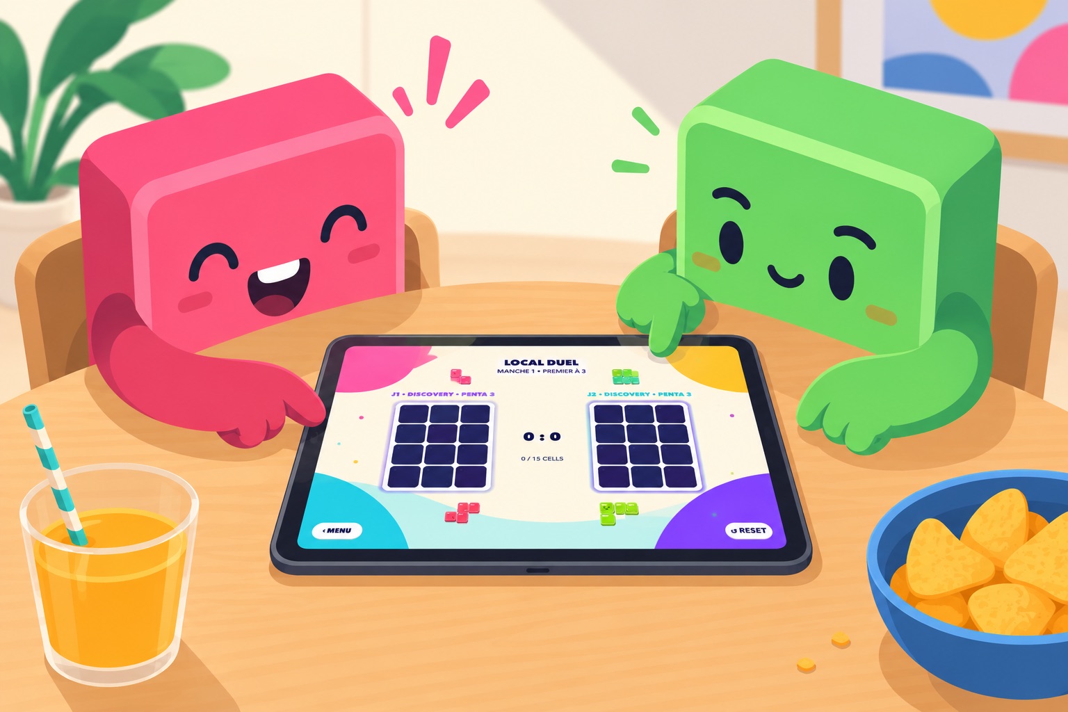 Two PentArena characters playing a local duel together on iPad