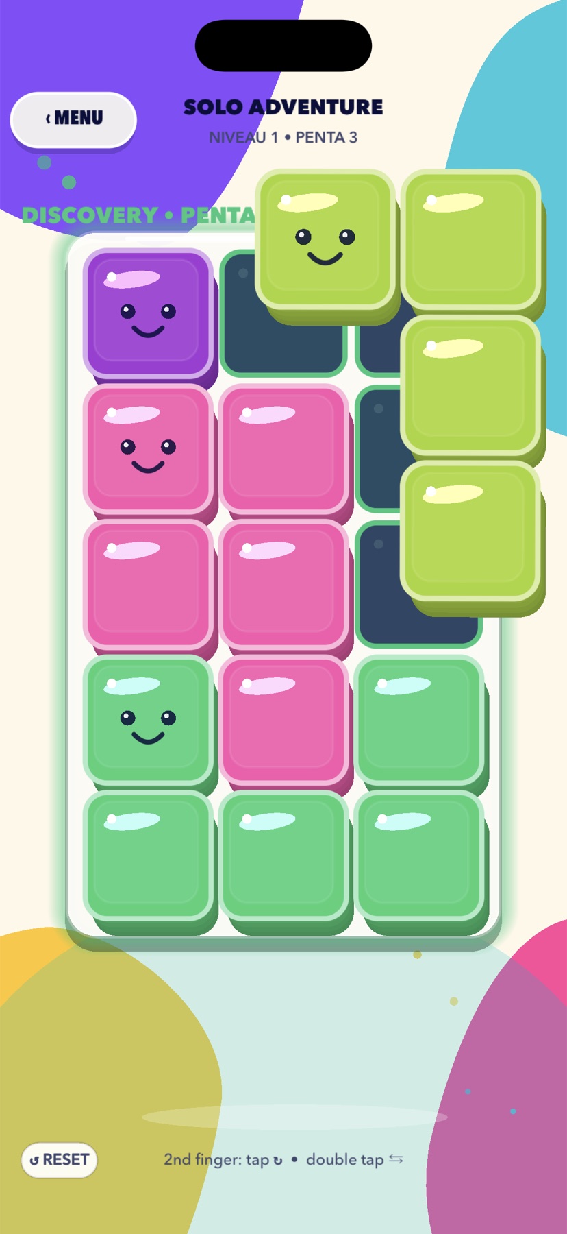 PentArena gameplay with colorful pieces arranged on a puzzle board