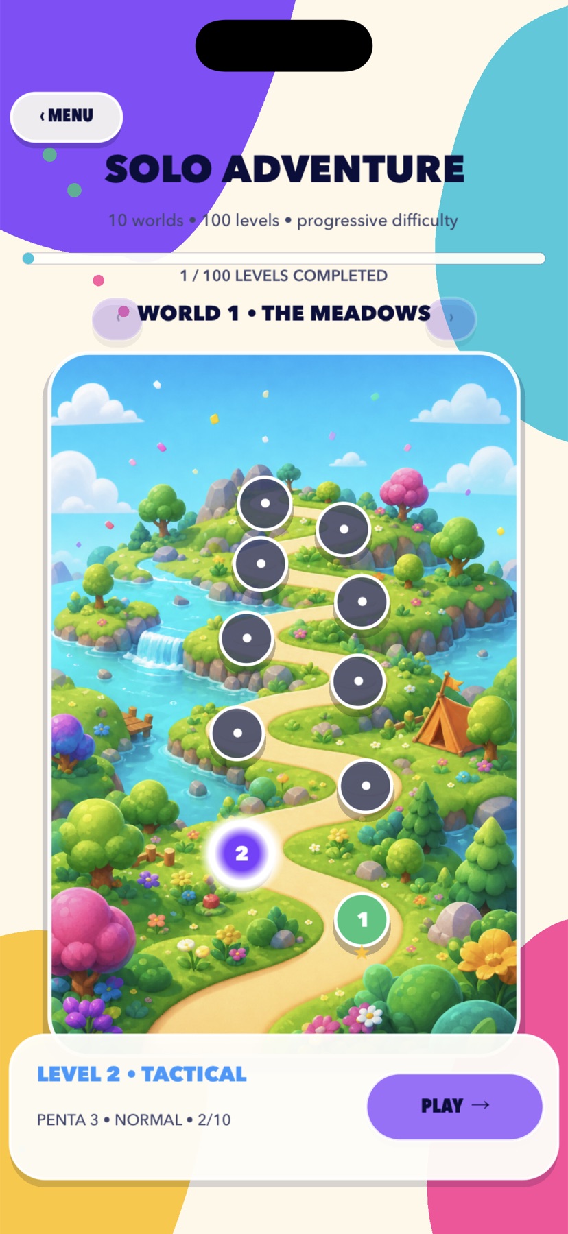 PentArena solo adventure world map with 100 levels